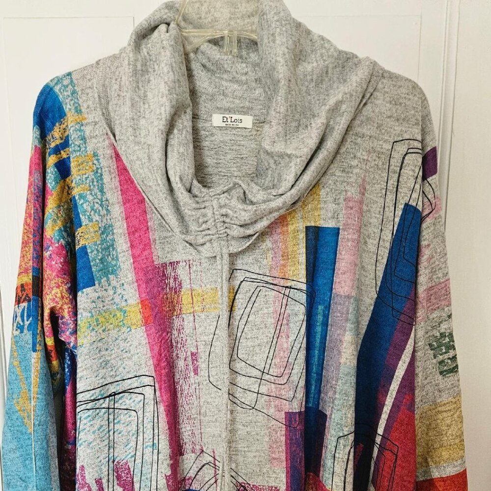Et' Lois free size dress with cowl neck (USA). Very colorful geometric pattern.